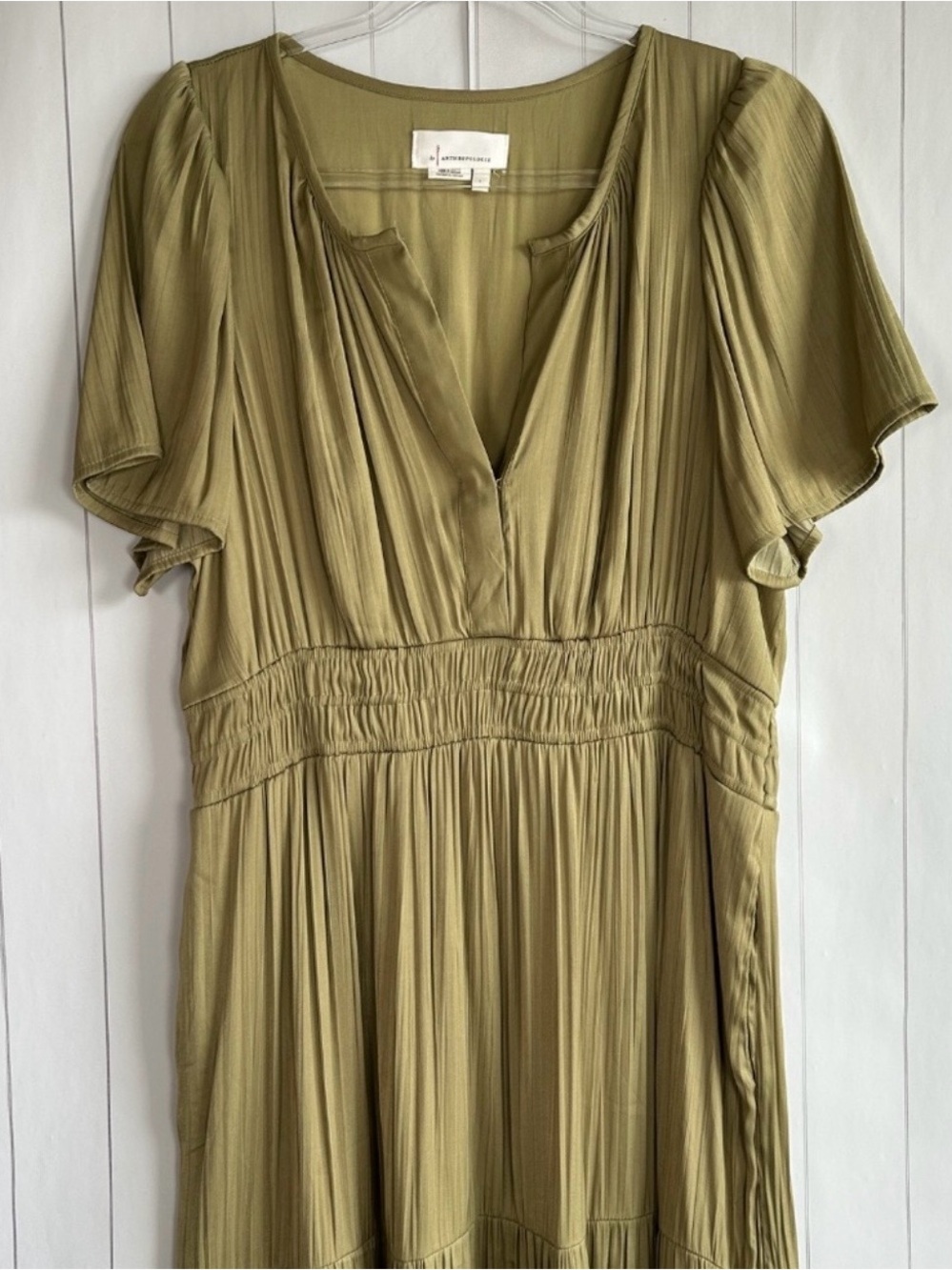 By Anthropologie size L The Somerset maxi dress green satin tiered short sleeve